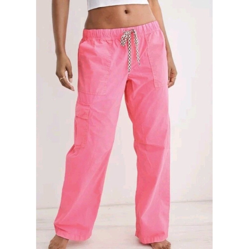 Aerie Baggy Cargo Skater Pants Coral Sun Hot Pink Wide Leg Drawstring Sz M GUC